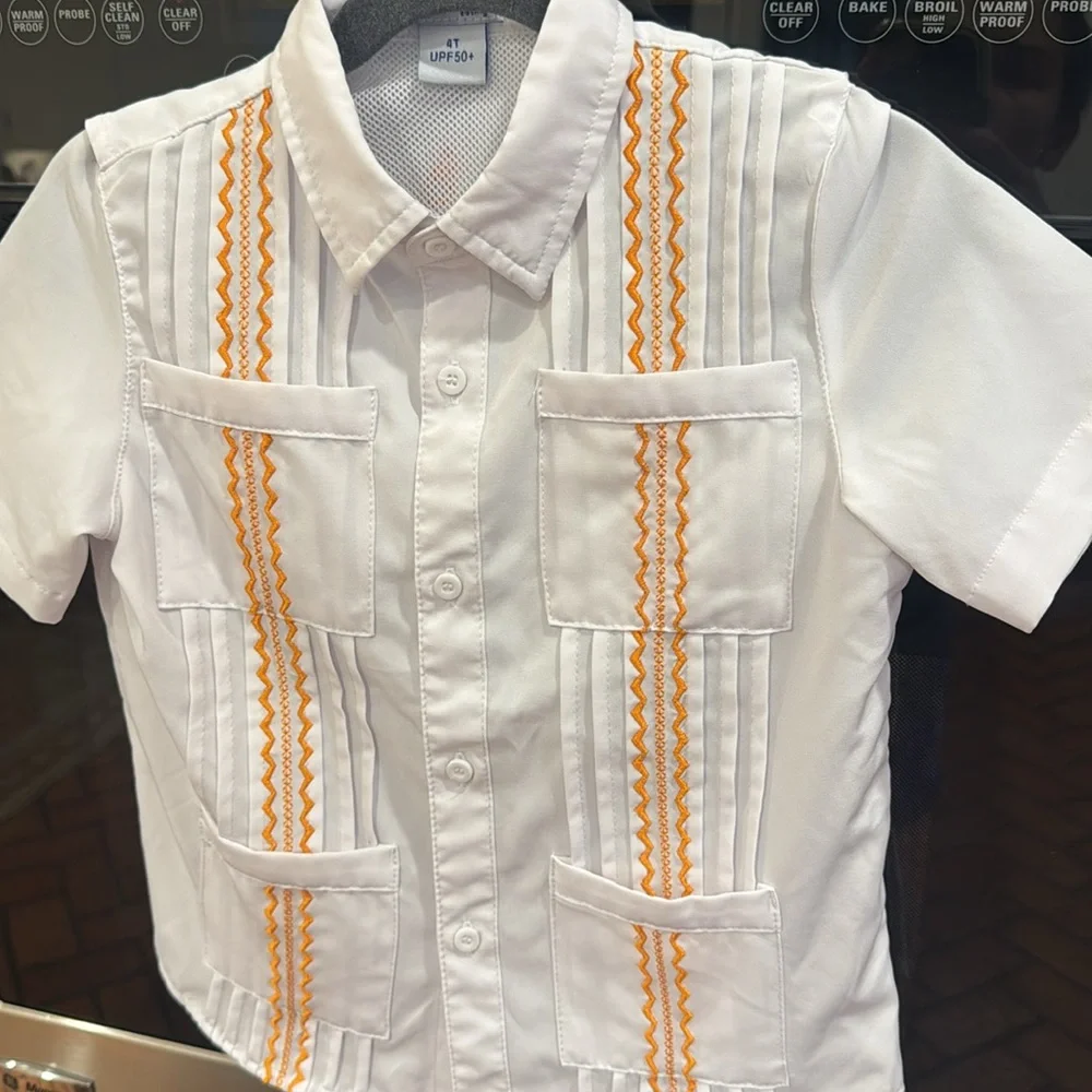 Blue Quail - Boys Guayabera- White & Orange Short Sleeve Shirt - Size: 4T - Picture 2 of 4